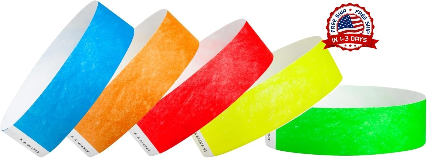 1000 paquetes de pulseras de papel para eventos, 5 colores neón a prueba de agua