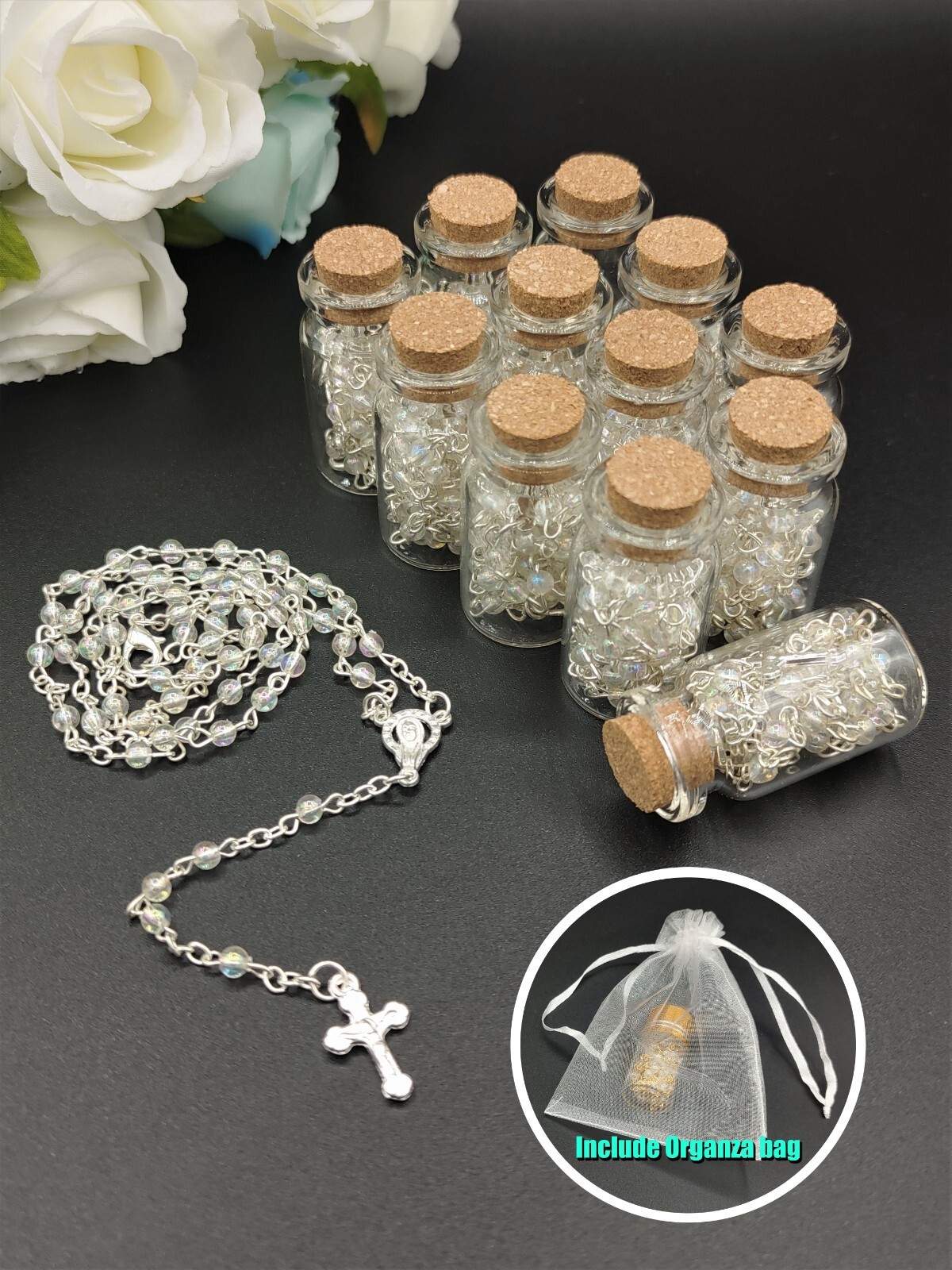 US 12pcs Clear Rosary Necklace in Wishing Bottle w Organza Bag for Keepsake