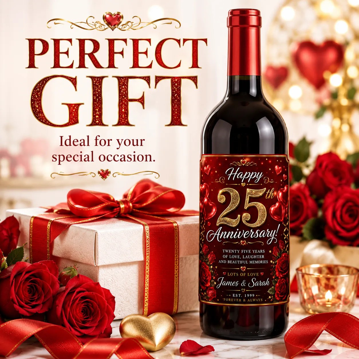 Personalised 25th Anniversary Bottle Label Sticker Wine Gift Red Rose