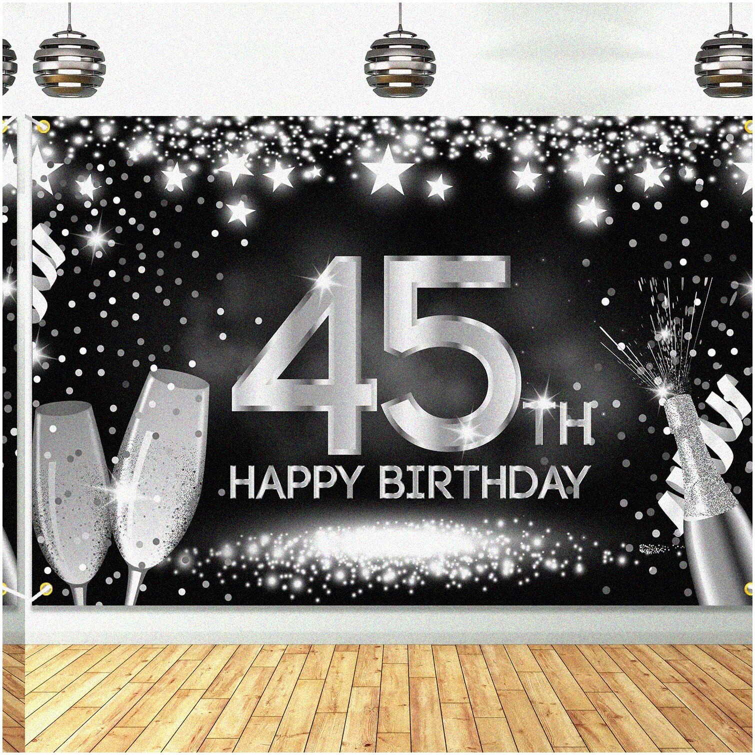 Silver 45th Birthday Celebration Backdrop 6×4 ft Polyester