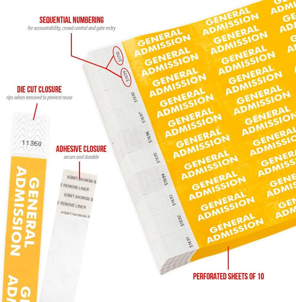 Wristco Gold General Admission Tyvek Wristbands for Events – 500 Count ¾” X 10”