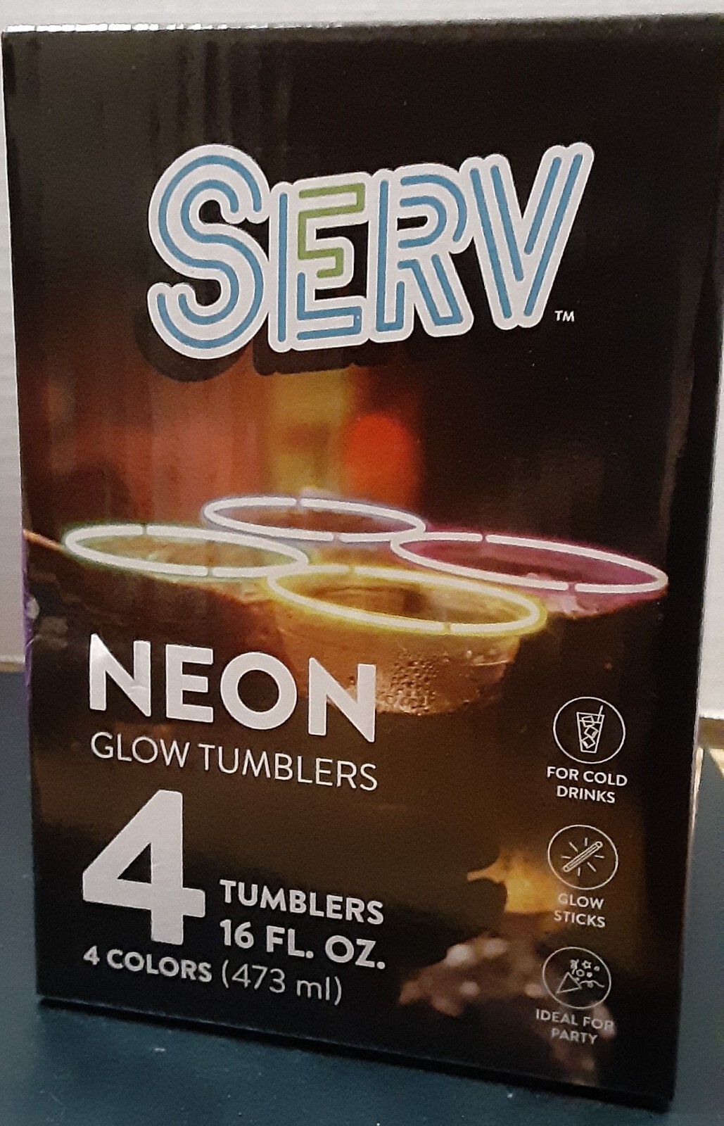 SERV Neon Glow Tumblers 12 cups- 4 per box/4 colors – 16 Fl. Oz. 8-12 hour glow
