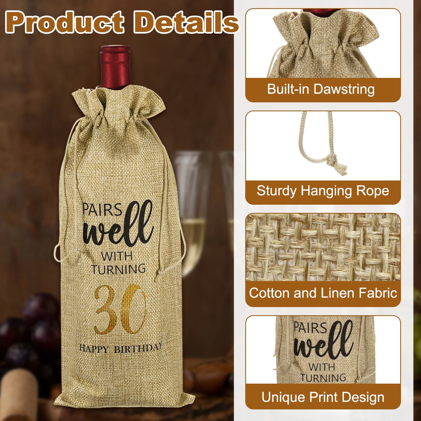 6 x 14 Inch 30th Birthday Gift Wine Bottle Bag with Drawstring, Beige