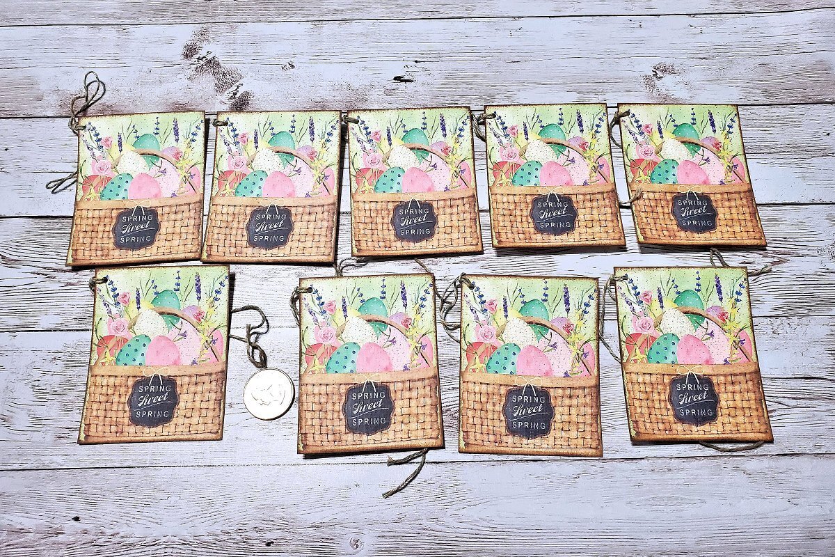9~Easter~Primitive~Farmhouse~Basket~Linen Cardstock~Gift~Hang~Tags
