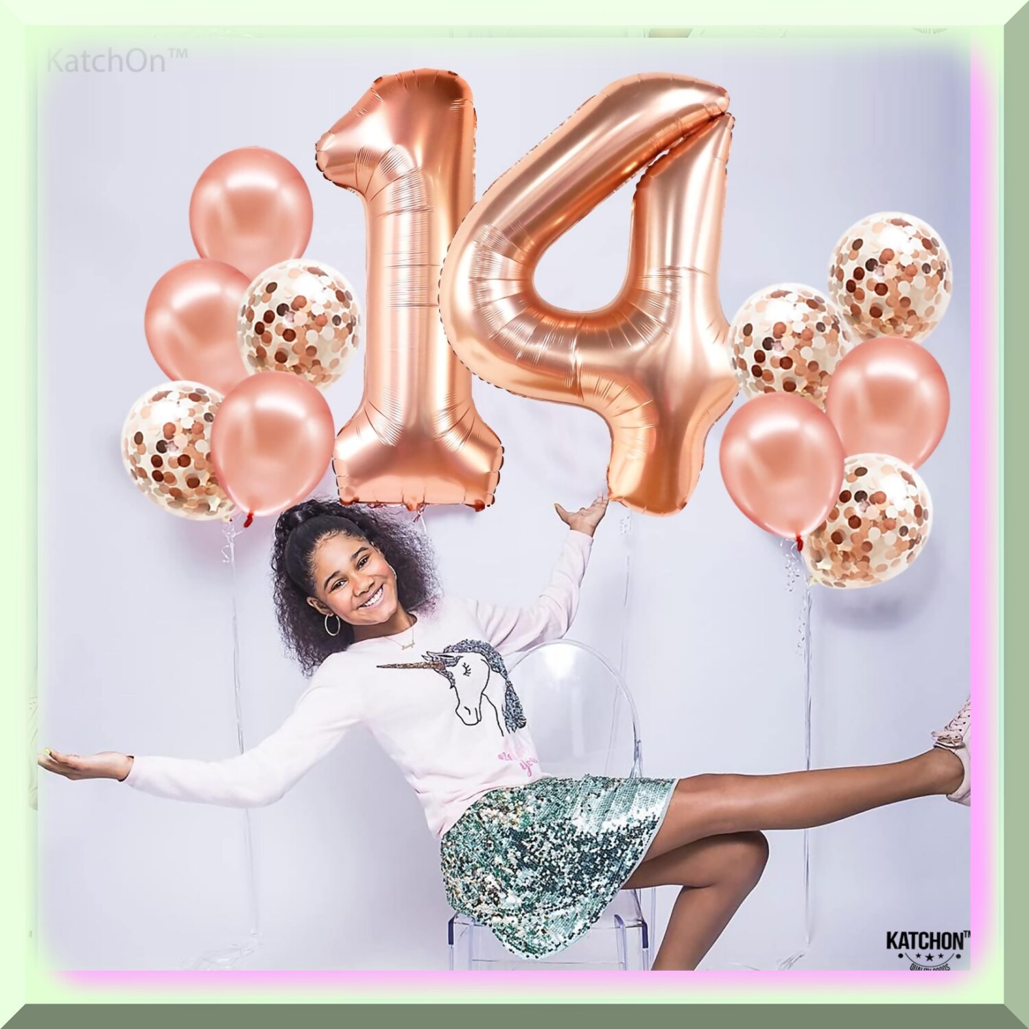 Rose Gold Glitter Number 14 Balloon Set for Party Decorations