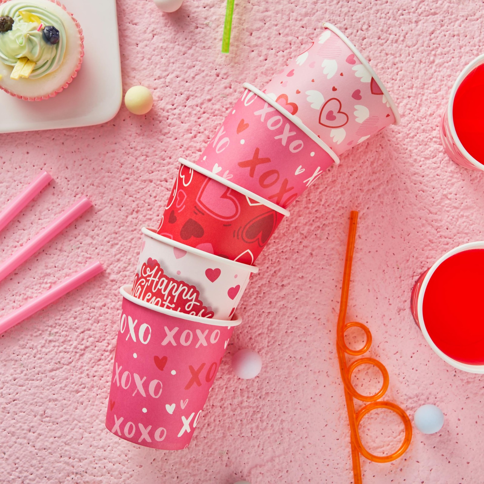 48 Pcs Valentine’s Day Disposable Cups, Paper Cocoa Cups with Pink Red Heart D
