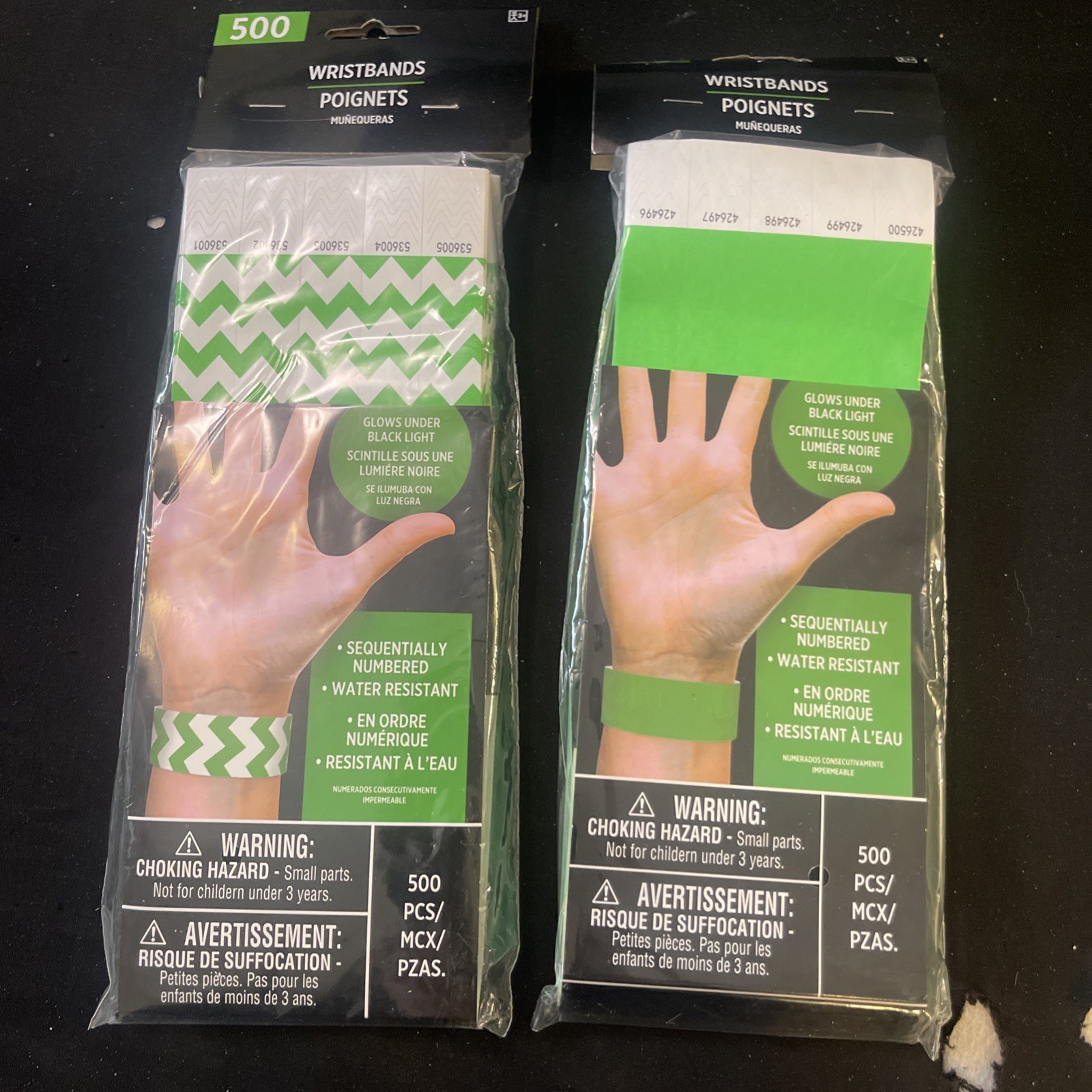 Amscan Tyvek Wristbands 500 Green chevron & 500 Green Solid 1000 Total Numbered