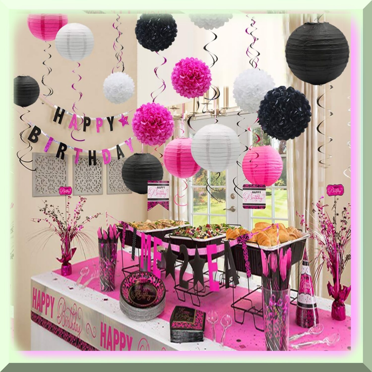 Pink White Black Paper Flower and Pom-Pom Party Pack