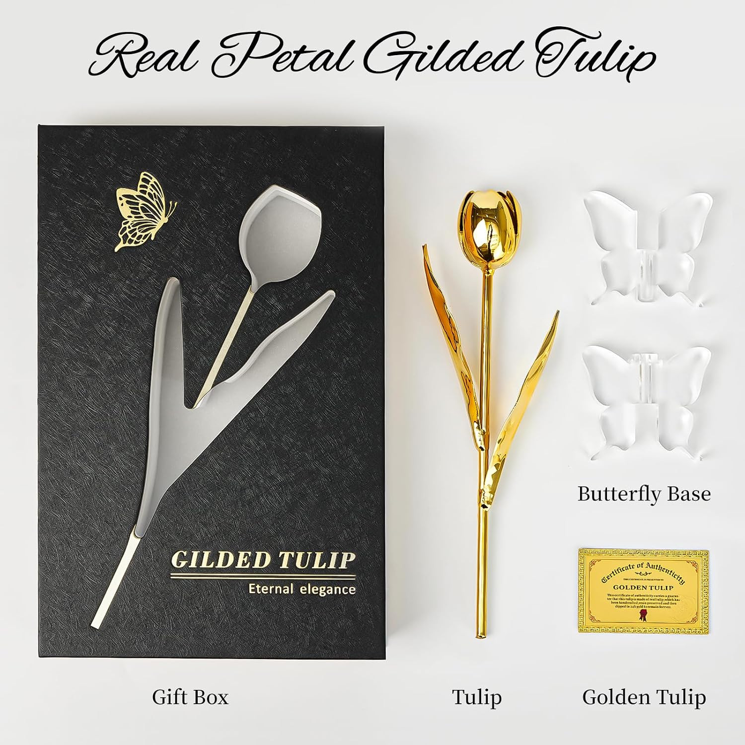 24K Gold Dipped Tulip – Royal Pure Gold, Luxury Book-Style Gift Box & Butterfly
