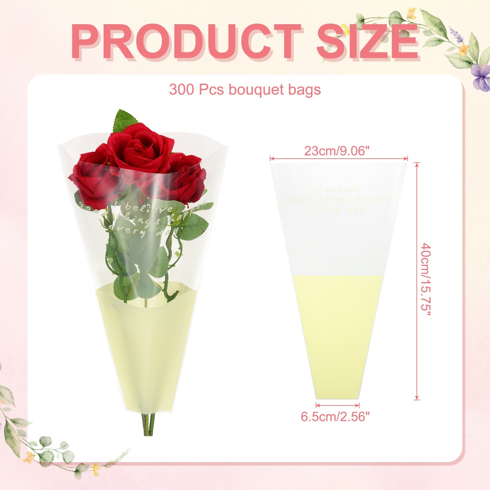 300Pcs Plastic Rose Floral Bouquet Bags 1.3ft Flower Sleeves Bags Cream Yellow