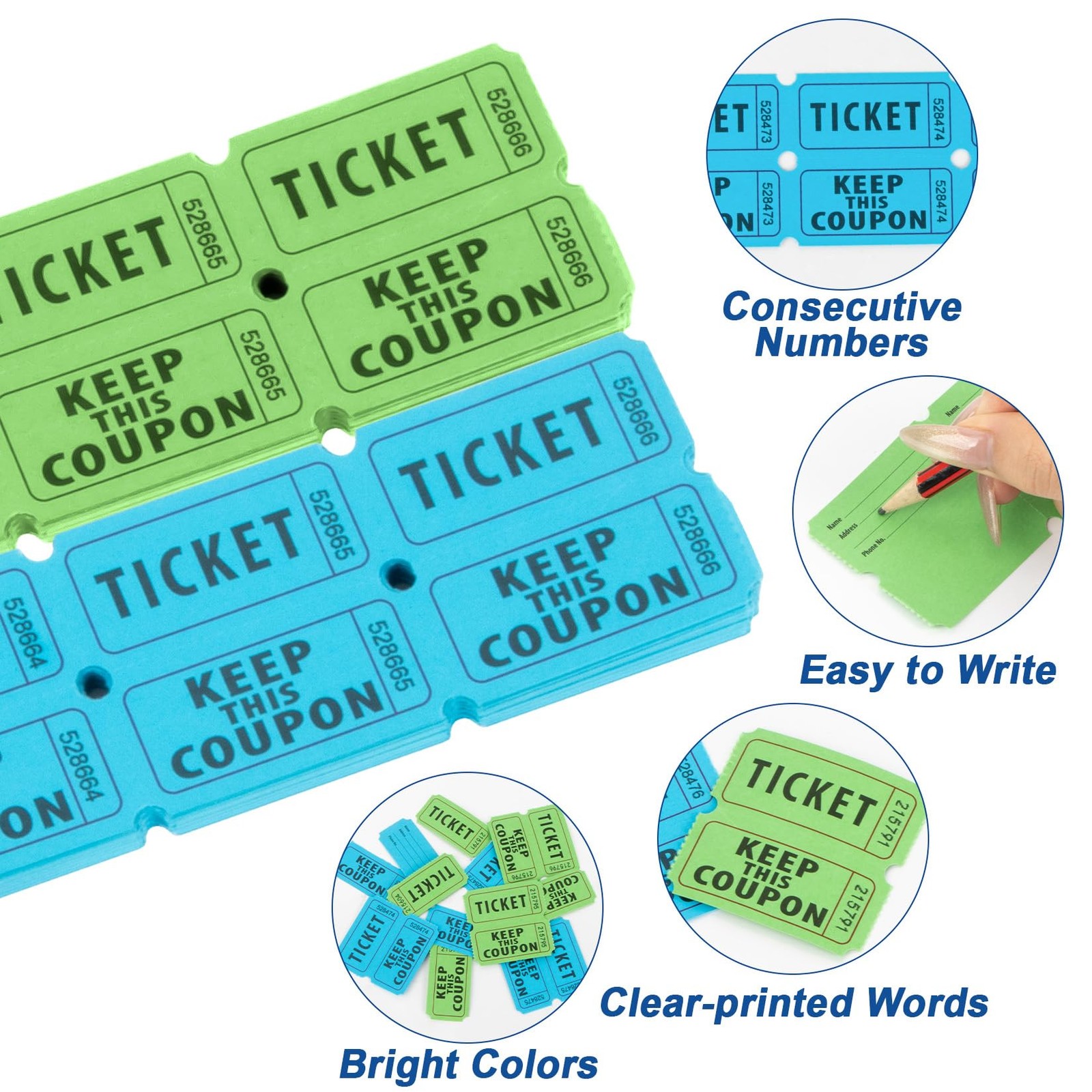 800 PCS Raffle Tickets Roll 50/50 Double Perforated Green Blue Consecutive