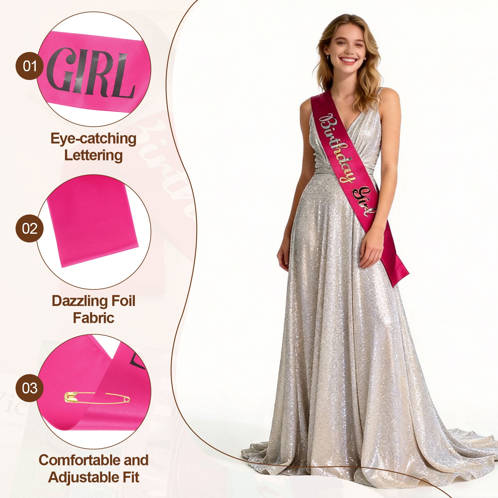 Birthday Girls Sash with Pin Black Lettering for Birthday Party, Hot Pink