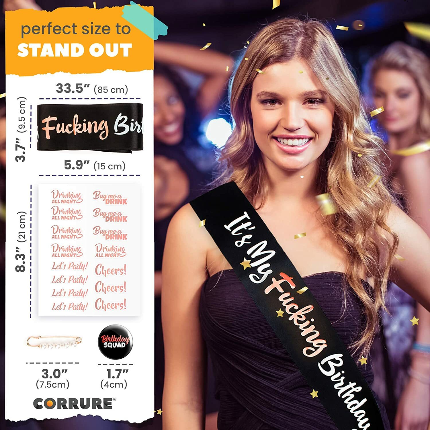 27pcs Birthday Sash, Buttons and Tattoos Kit – Rose Gold Birthday Squad Set Punk