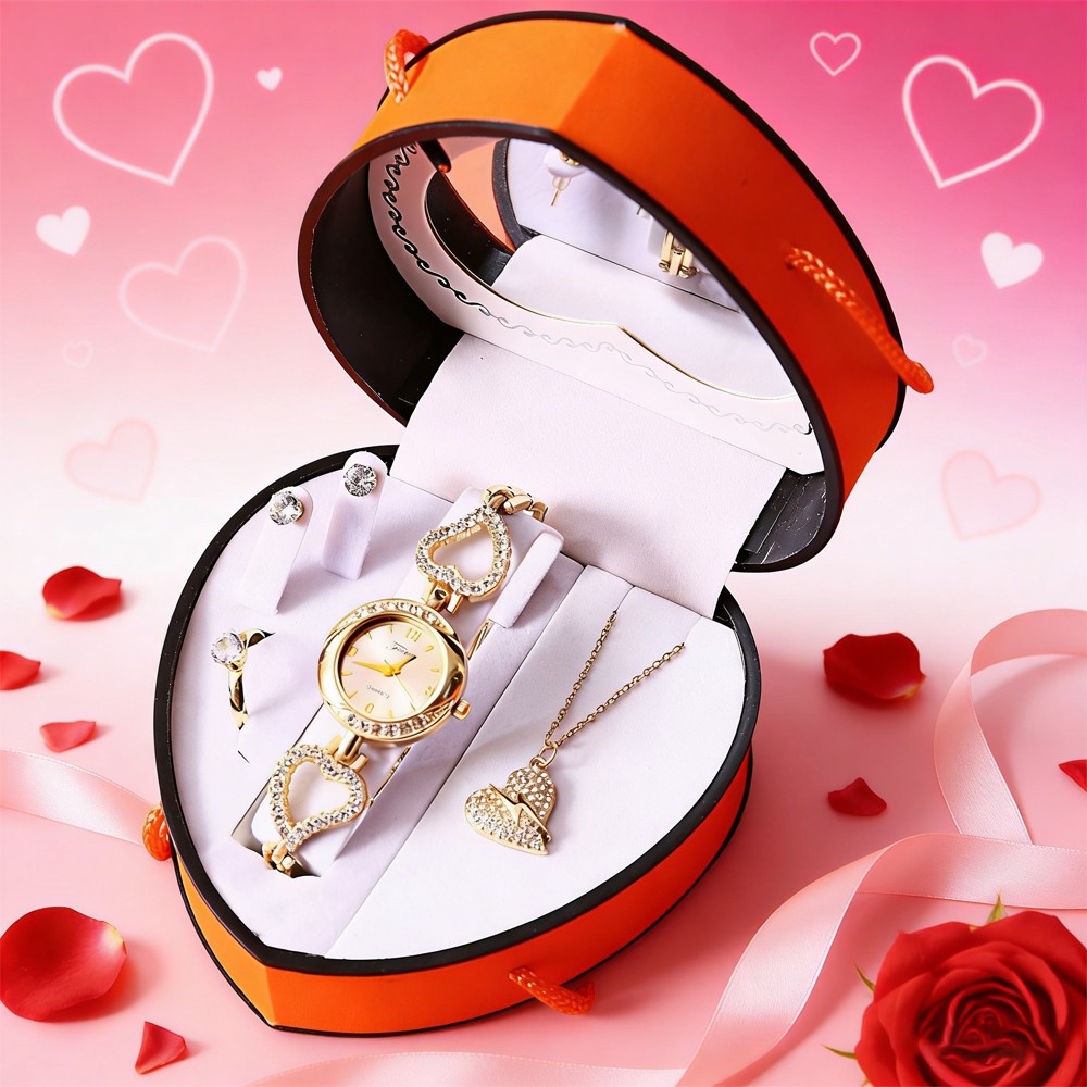 Women’s Watch & Jewelry Set Elegant Necklace Earrings Ring For Valentine’s Day