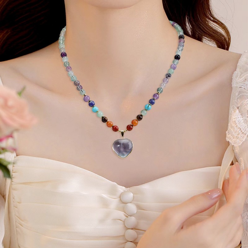 7 Chakra Crystal Heart Pendant Necklace, Healing & Balancing Beaded Necklace