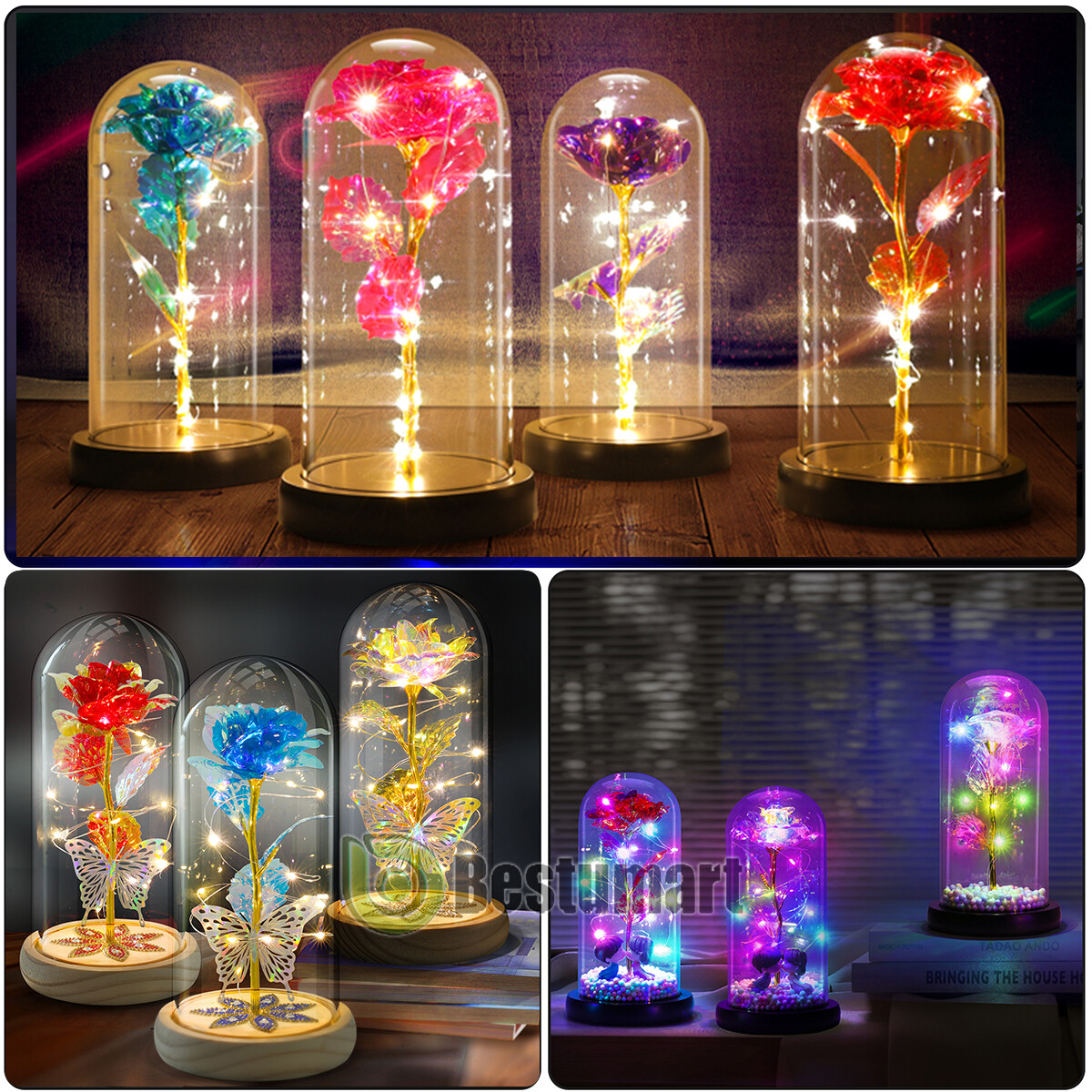 Crystal Eternal Galaxy Rose Flower LED Light Glass In Dome Gifts for Her Lovers
