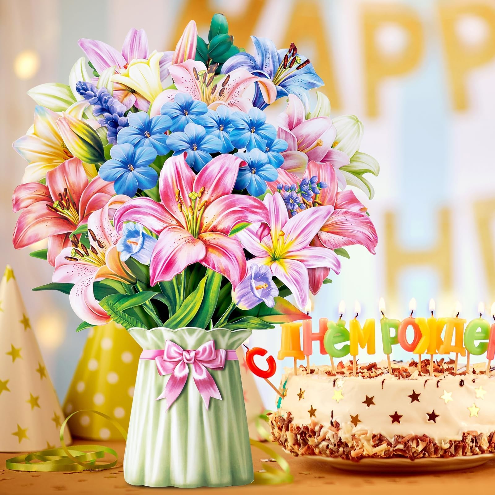 Airpark Pop Up Flower Bouquet Card for Women, 3D Floral 14 inch,