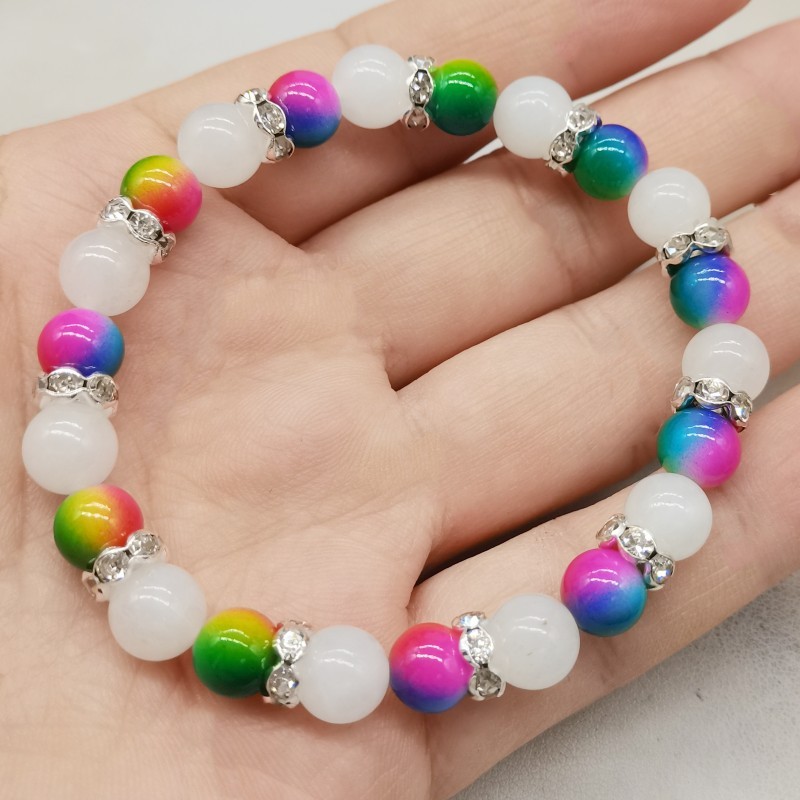 8mm White Jade&Multicolor Shell Pearl Round Gemstone Bead Bracelet Earring Gift