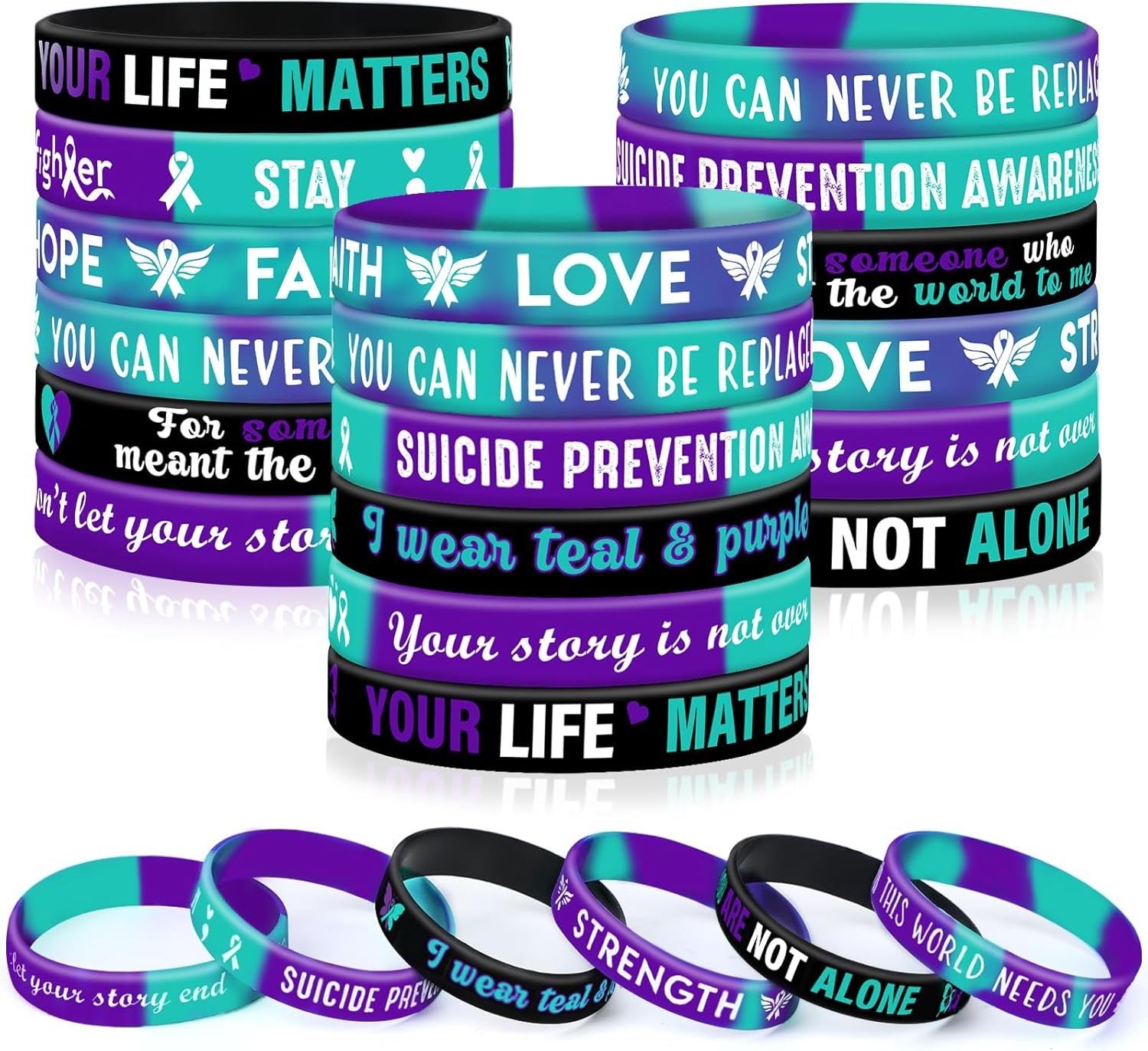 JUNEBRUSHS 42pcs Suicide Prevention Awareness Silicone Bracelets Multicolor