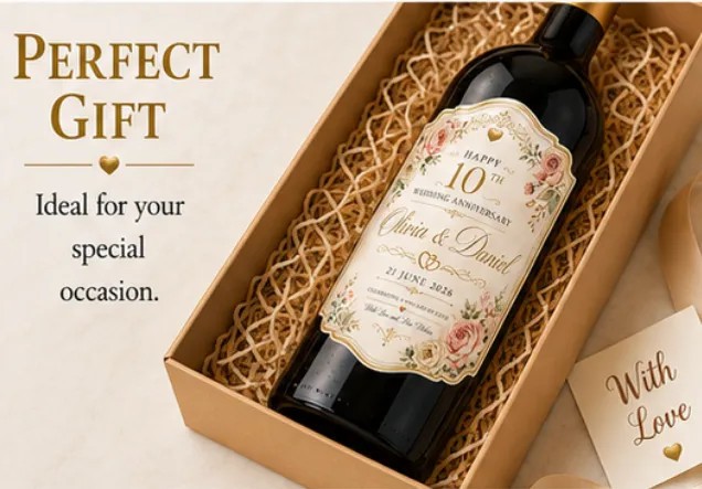 Personalised 10th Wedding Anniversary Bottle Label Sticker Custom Wine Gift