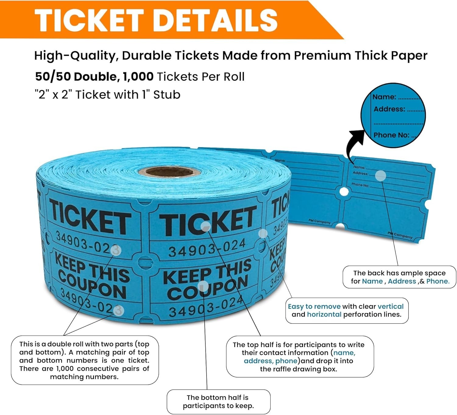 2000 Pcs 1000 Pairs Raffle Tickets Double Roll, 50/50 Blue Raffle Tickets for…