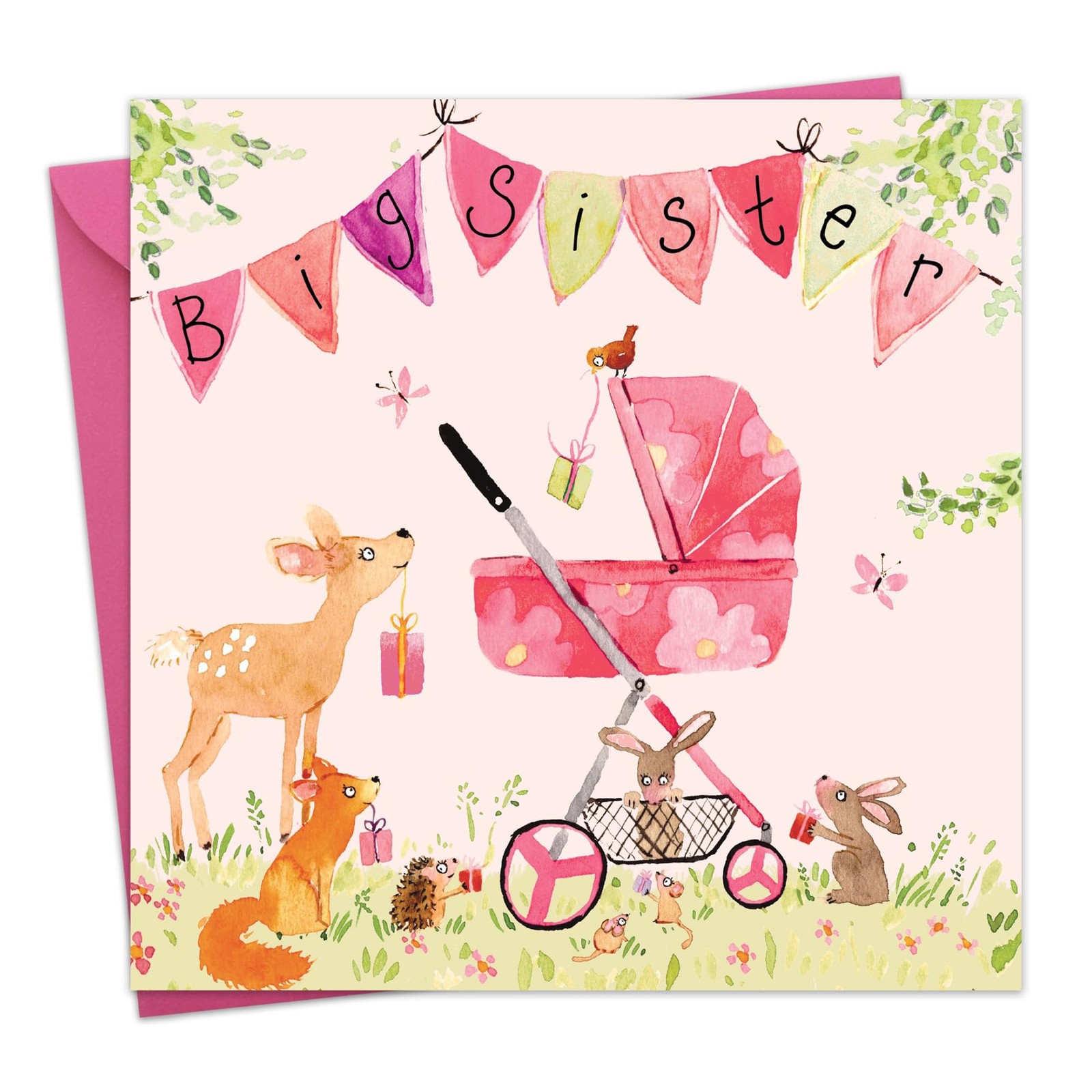 Twizler Big Sister Card with Animals – New Baby 6.1 x inches, pink