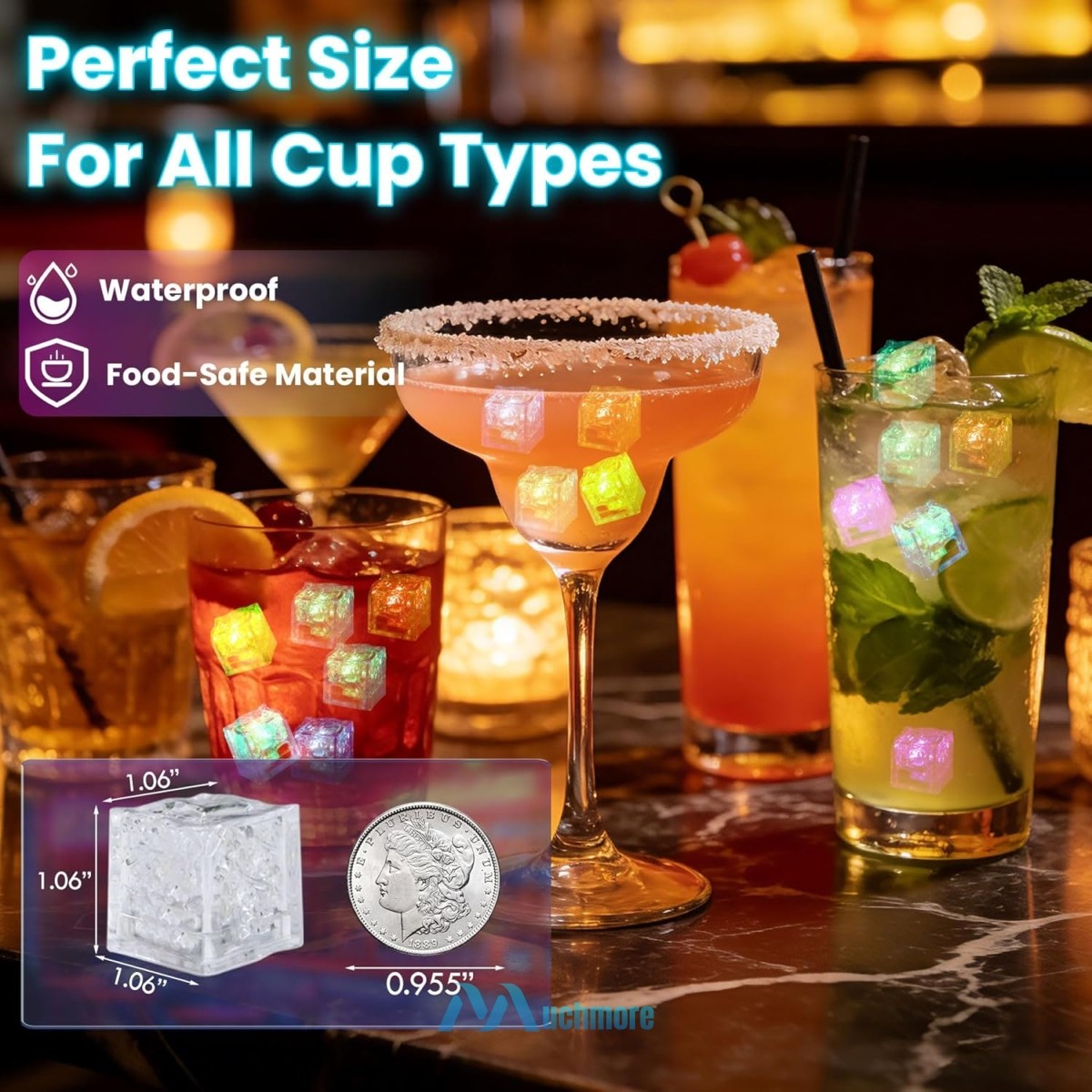 12~120pc Multi Color Flashing LED Light Up Ice Cubes Waterproof Liquid Activated