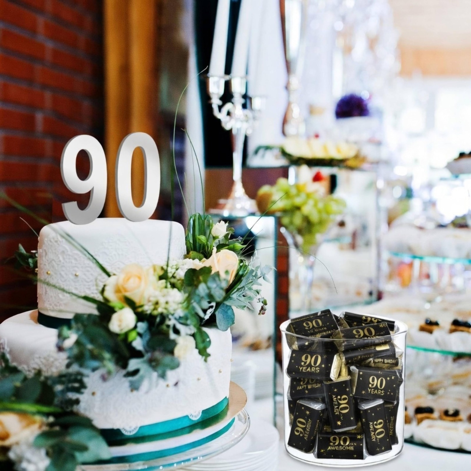 Tenare 90 Pcs 90th Birthday Party Favors Candy Wrappers Black and Gold