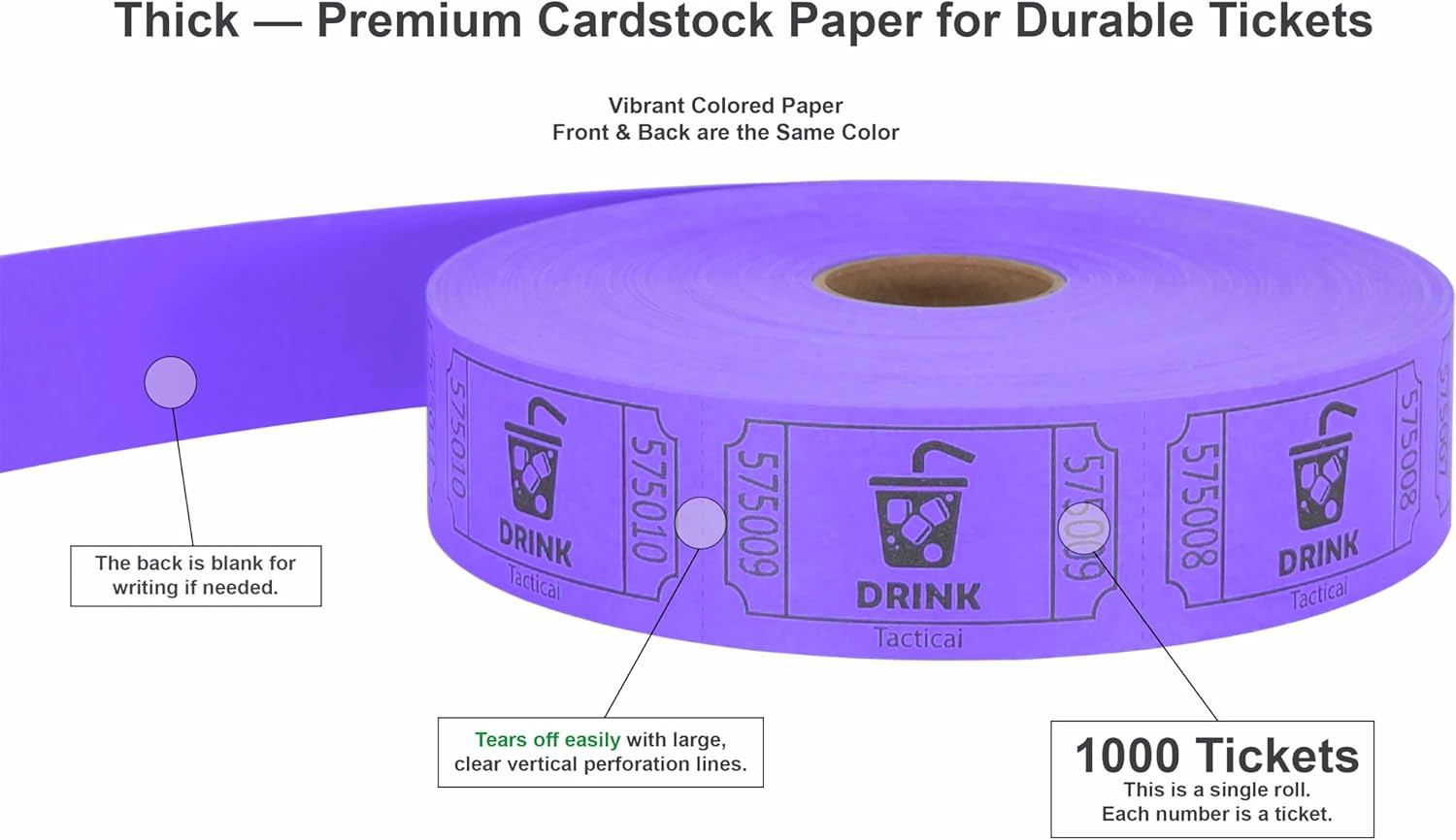 1000 Raffle Tickets, Drink, Purple (1 of 8 Colors), Single Roll for Events, Entr