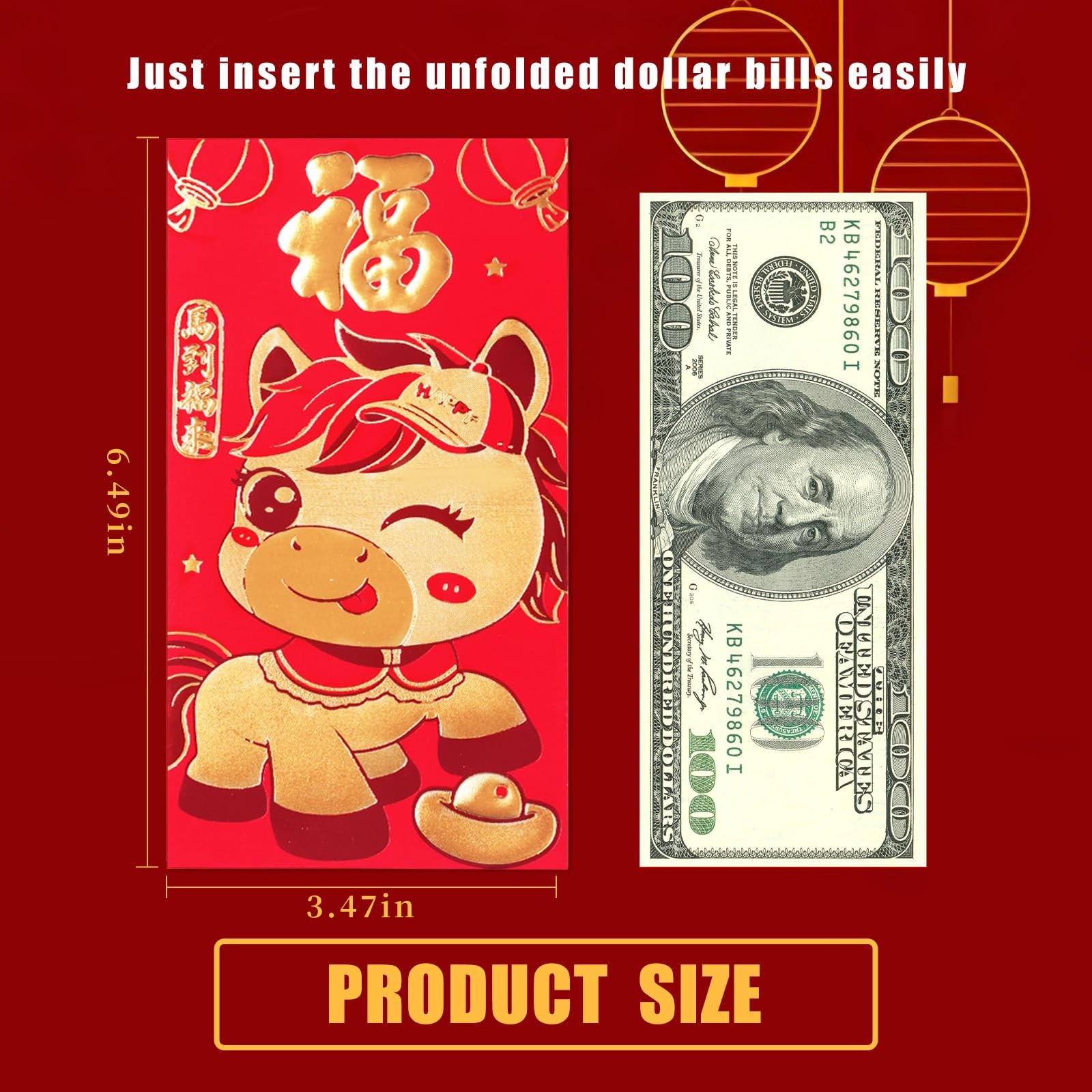 Chinese New Year Red Envelopes, Lunar 6.6 x 3.5 inches, with Gold Accents