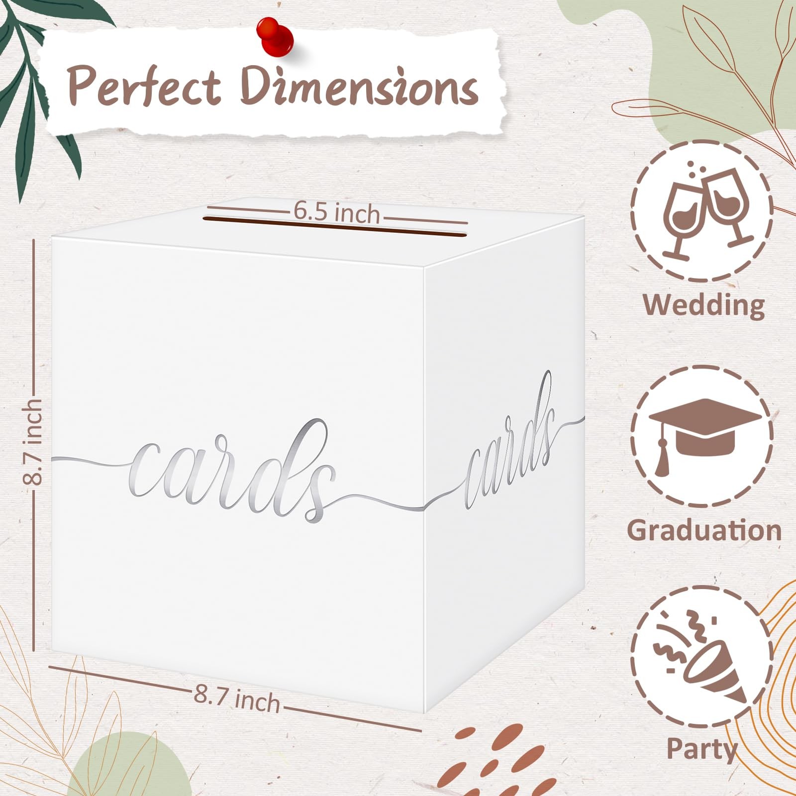 QIKSION White Wedding Card Box, Silver Foil Inches, and