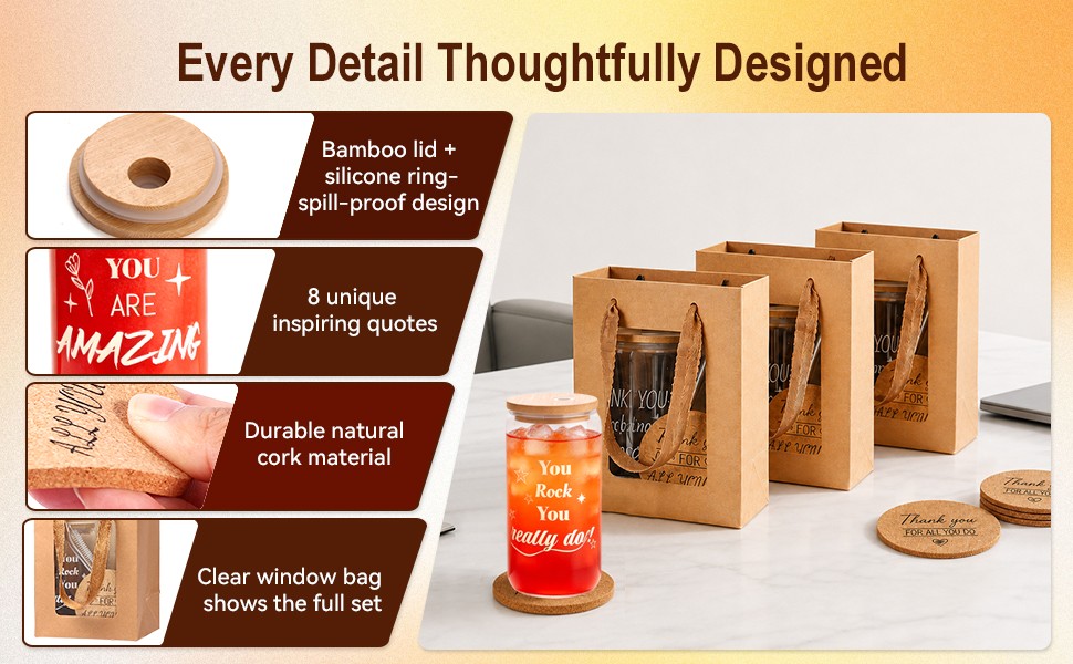 40 Pcs/8 Sets Employee Appreciation Gifts Glass Cups with Coasters, Straws,