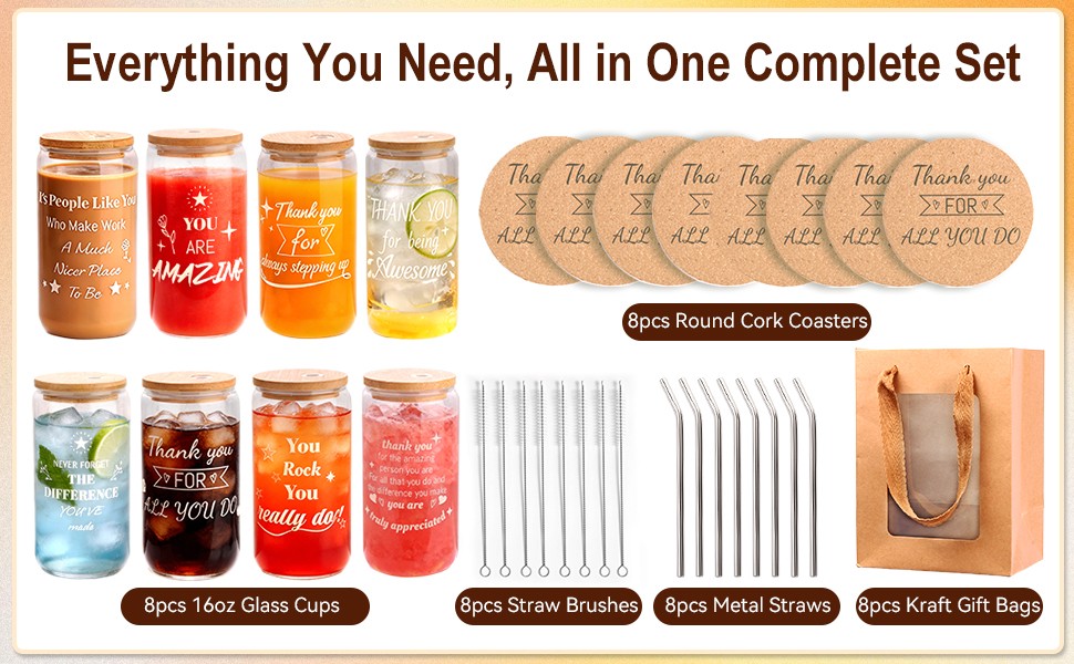 40 Pcs/8 Sets Employee Appreciation Gifts Glass Cups with Coasters, Straws,