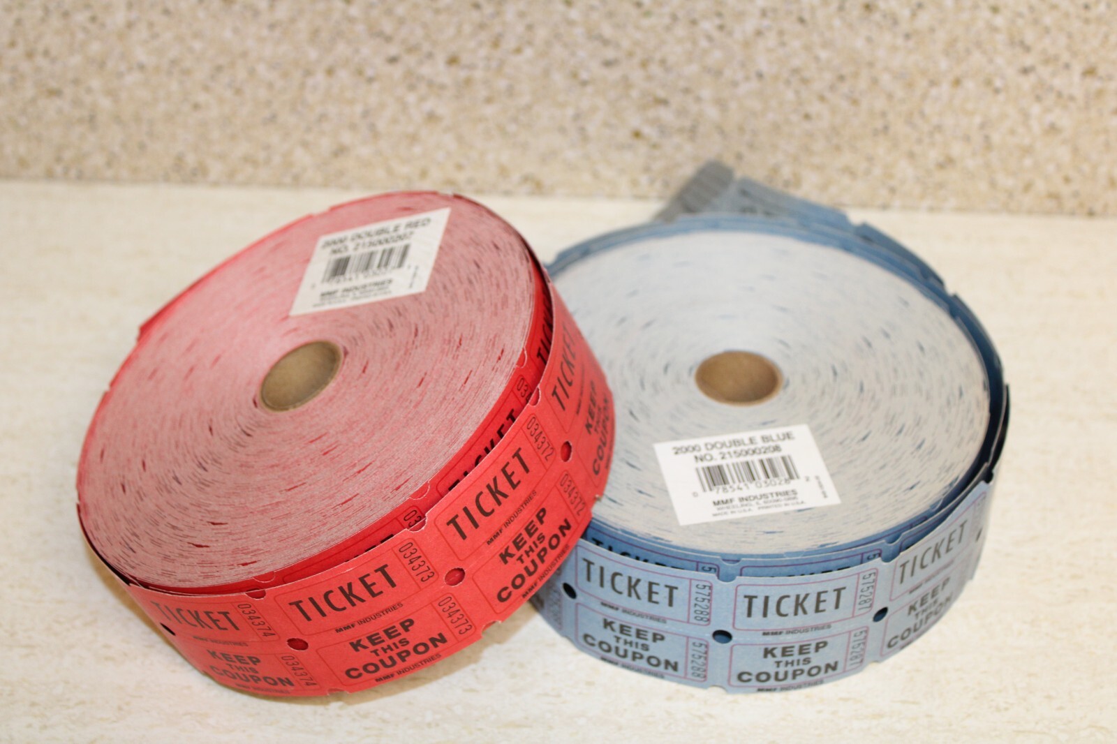 2 Large Rolls of MMF Industries® Double Stub Raffle Tickets: Blue, Red