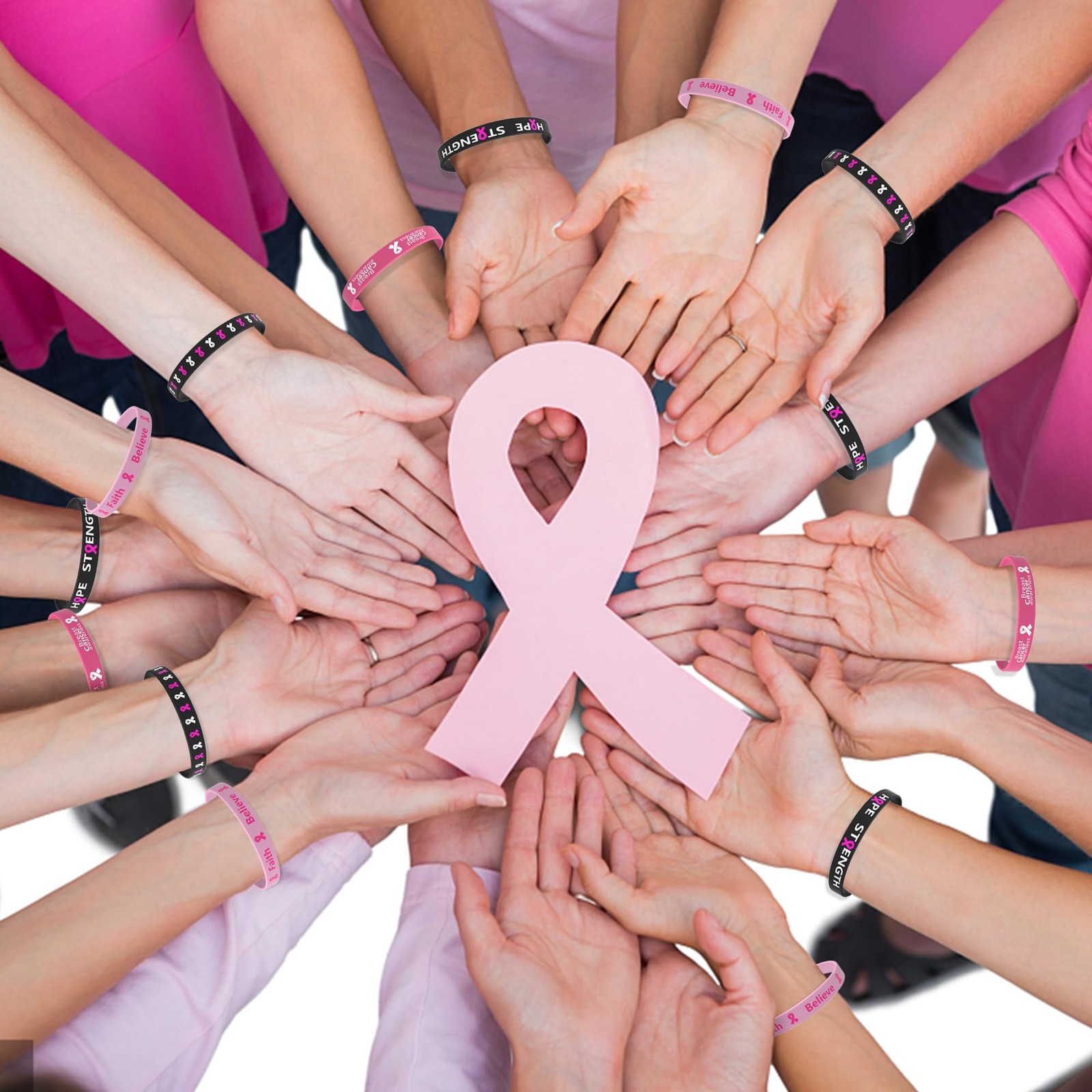 Wehhbtye 60 Pcs Breast Cancer Awareness Silicone Wristbands – 8 inches, Black