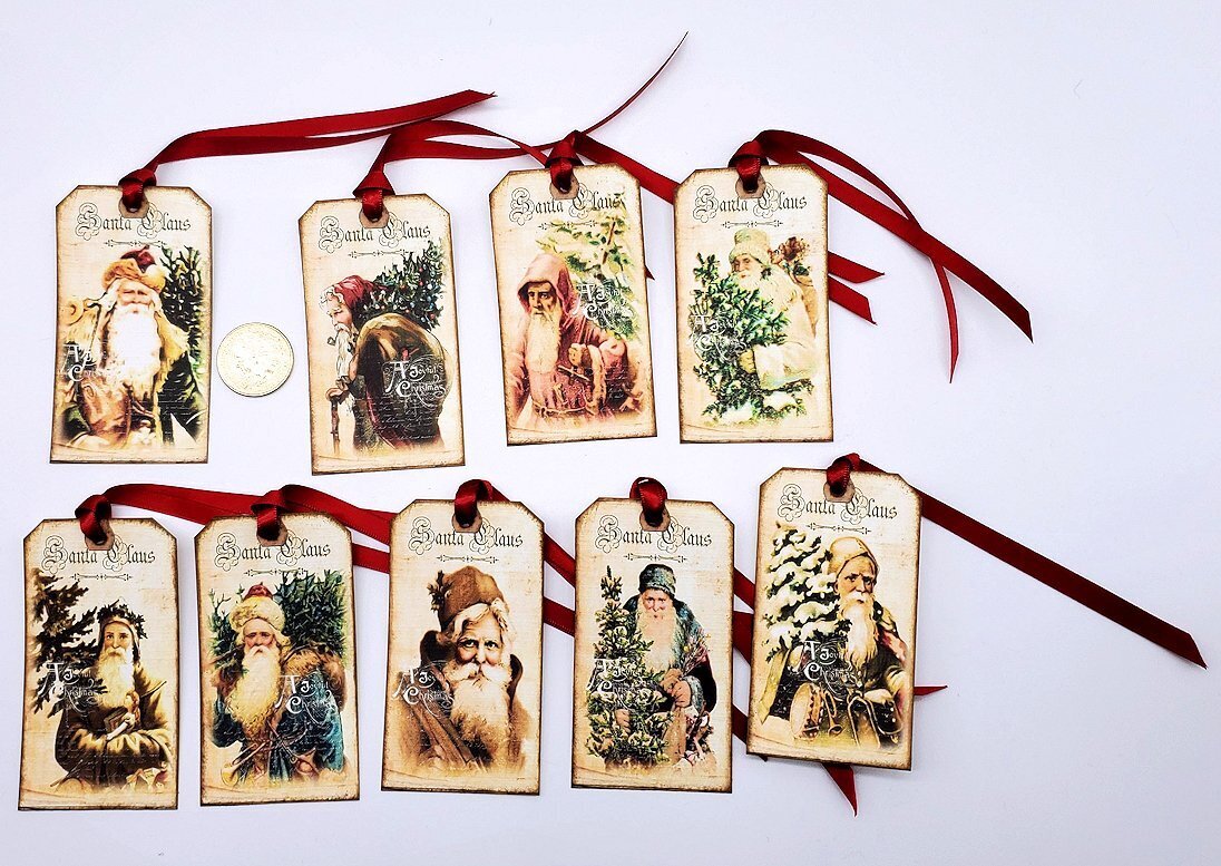 9-Christmas-Vintage-Santa-Holiday-Linen Cardstock-Gift-Hang-Tags
