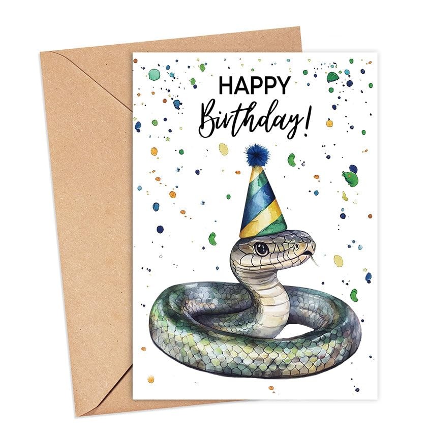 Snake Birthday Card With Party Hat – Happy 5 x 7 inches, Green
