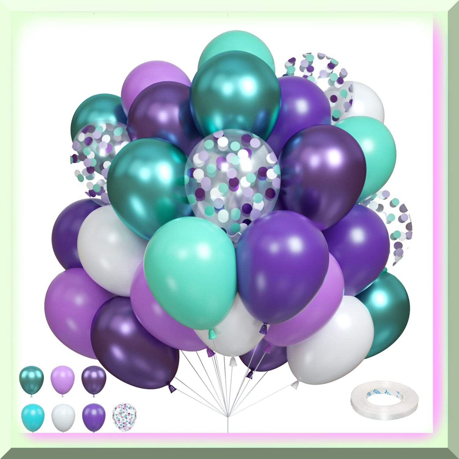 Set of 55 Latex Balloons in Purple Teal Blue Green White