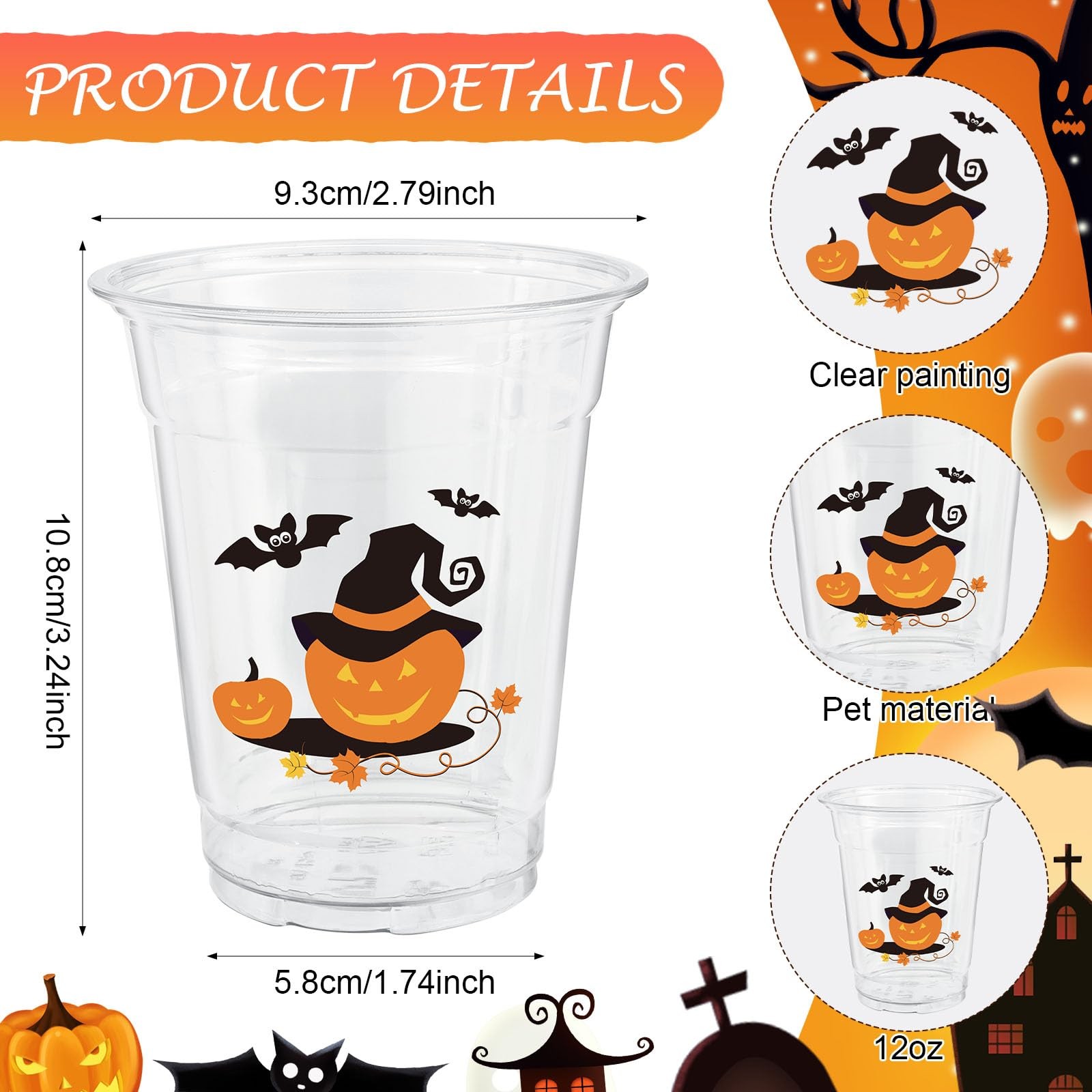50 Pcs 12OZ Halloween Cups,Halloween Plastic Cups Party standard,