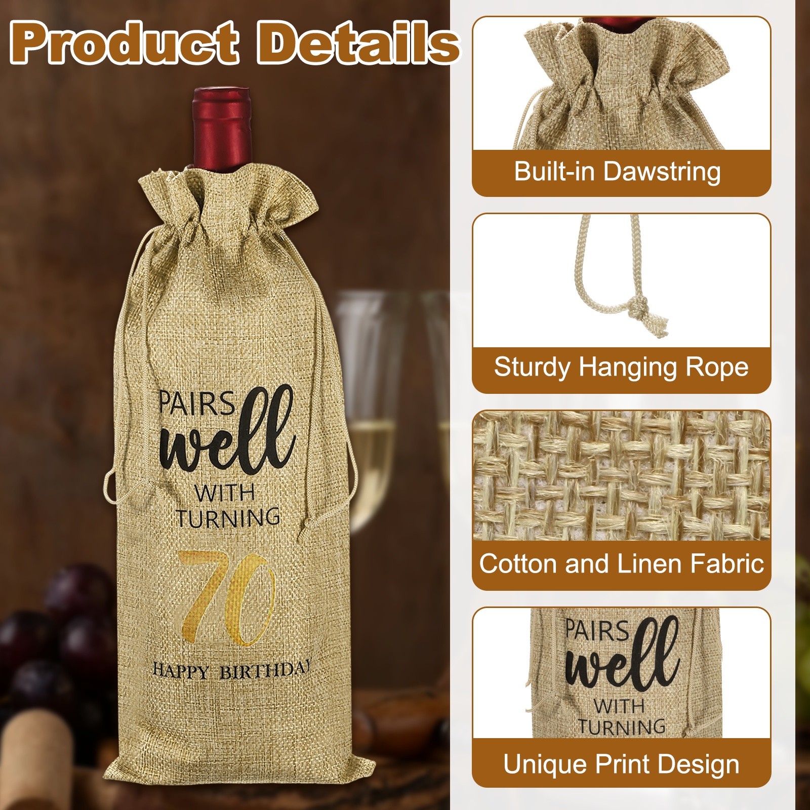 6 x 14 Inch 70th Birthday Gift Wine Bottle Bag with Drawstring, Beige