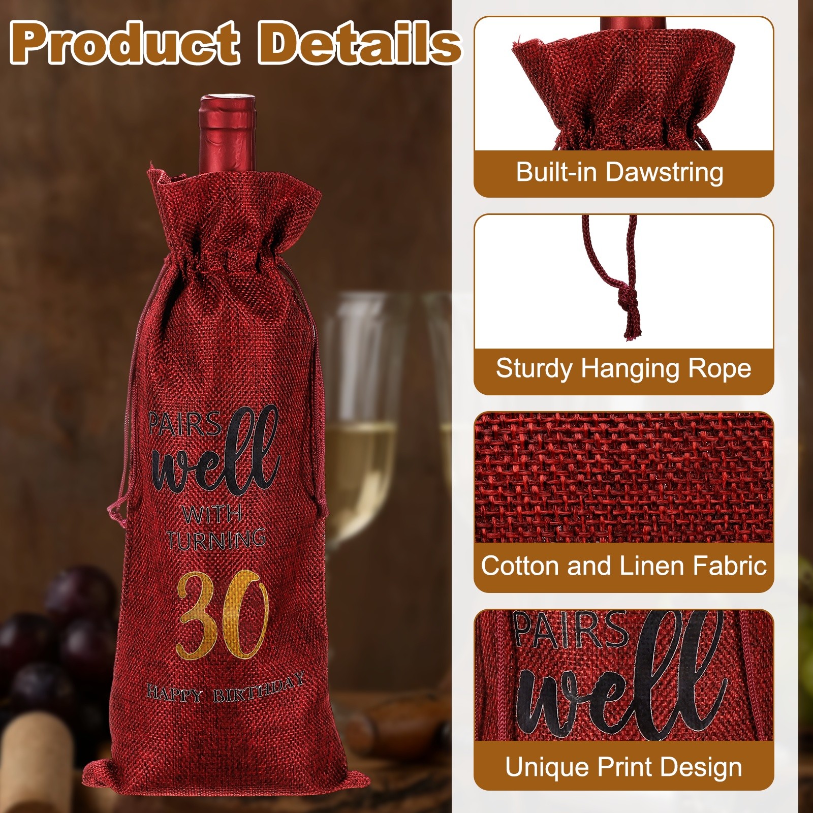 6 x 14 Inch 30th Birthday Gift Wine Bottle Bag with Drawstring, Red