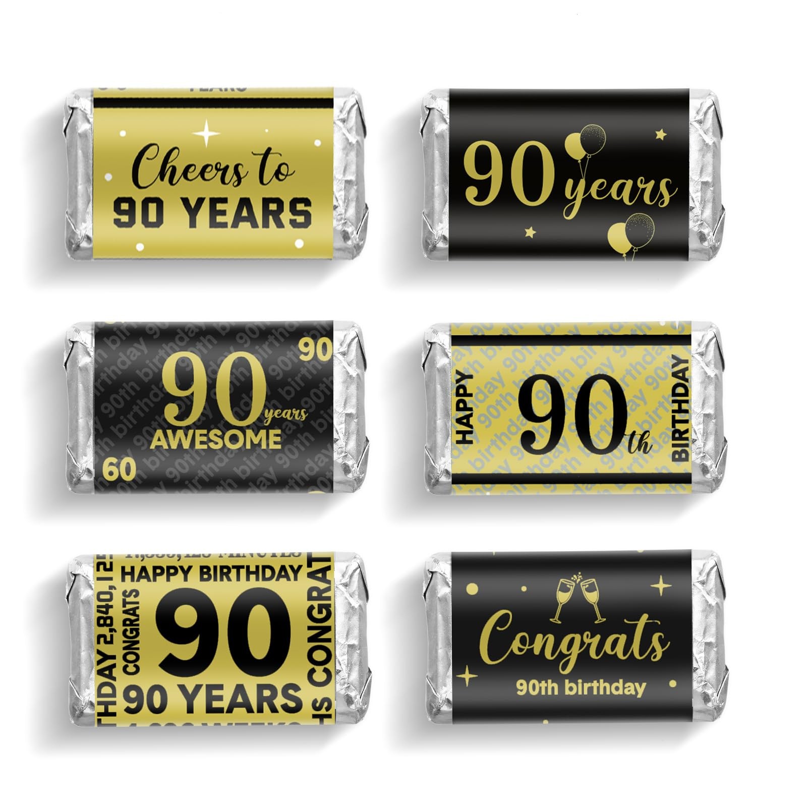 Tenare 90 Pcs 90th Birthday Party Favors Candy Wrappers Black and Gold