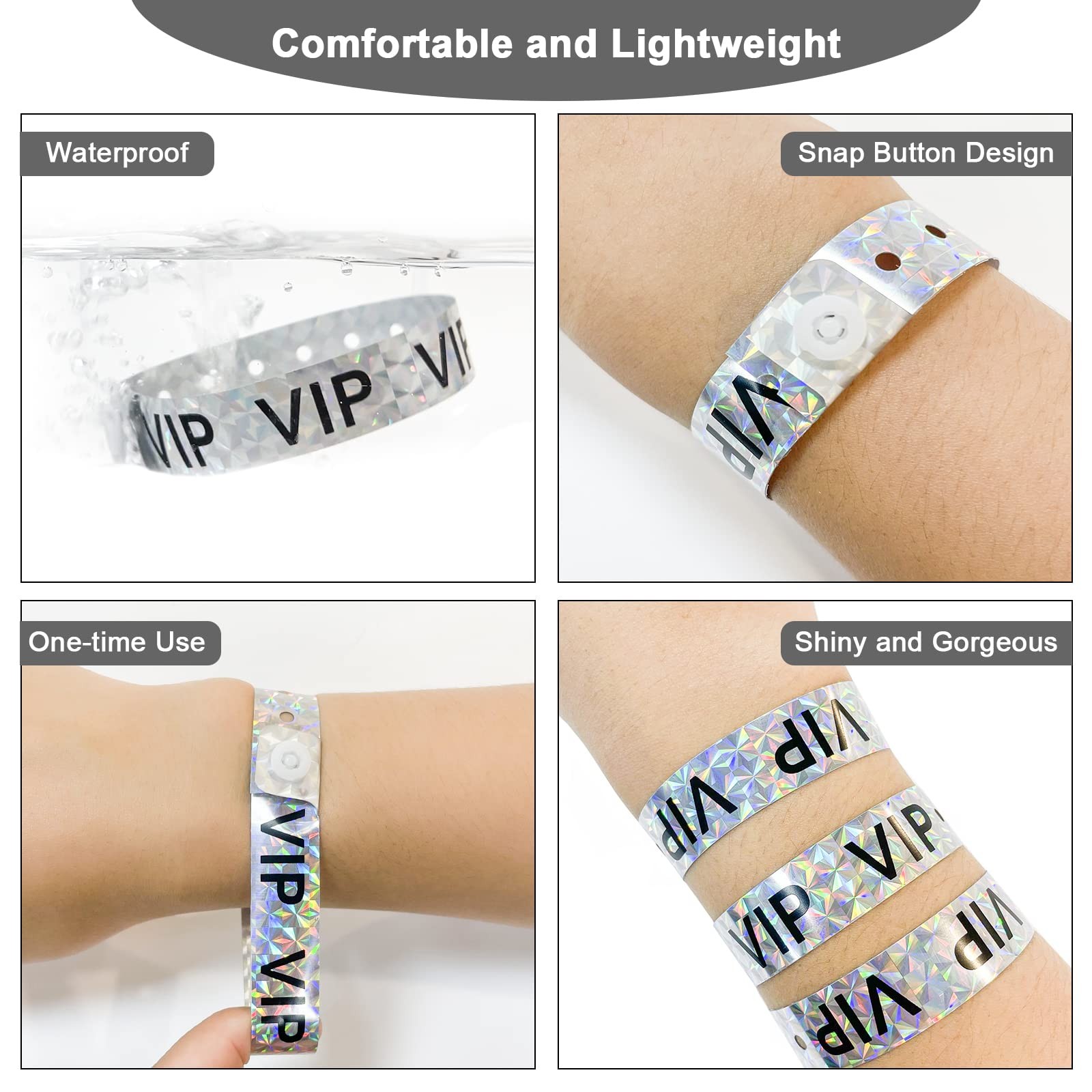 Ouchan Holographic VIP Plastic Wristbands Adjustable, Vip Sliver