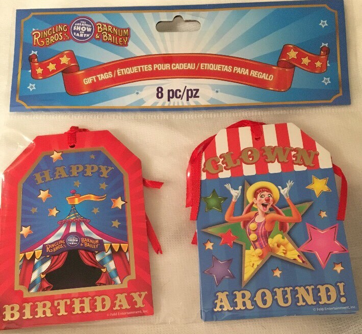 CIRCUS Gift Tags Circus Party Ringling Bros Barnum Circus CLOWN BIG TOP 8pc MINT