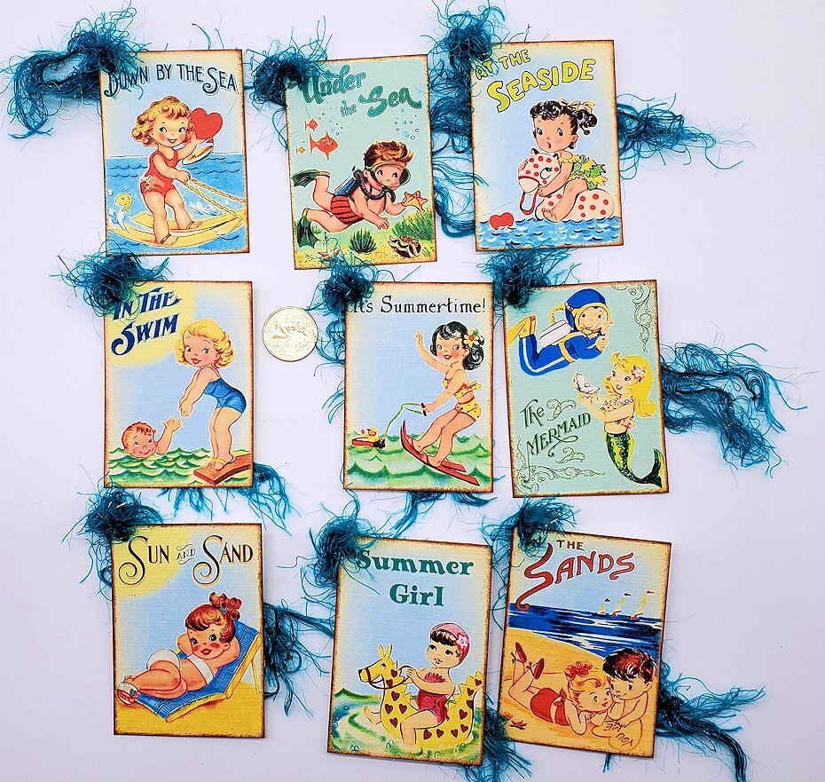 9-Retro-Summertime-Beach-Kids-Journal-Linen Cardstock-Gift-Hang-Tags