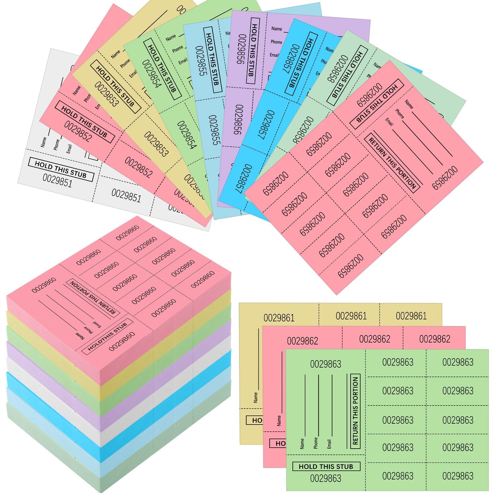 600 Sheets Multicolor Raffle Tickets Chinese Auction 10 Bid Numbers 3.3×4.5 In