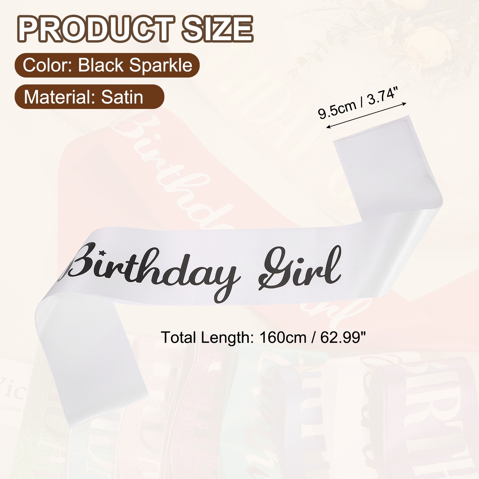 Birthday Girls Sash with Pin Black Sparkle Lettering for Birthday Party White