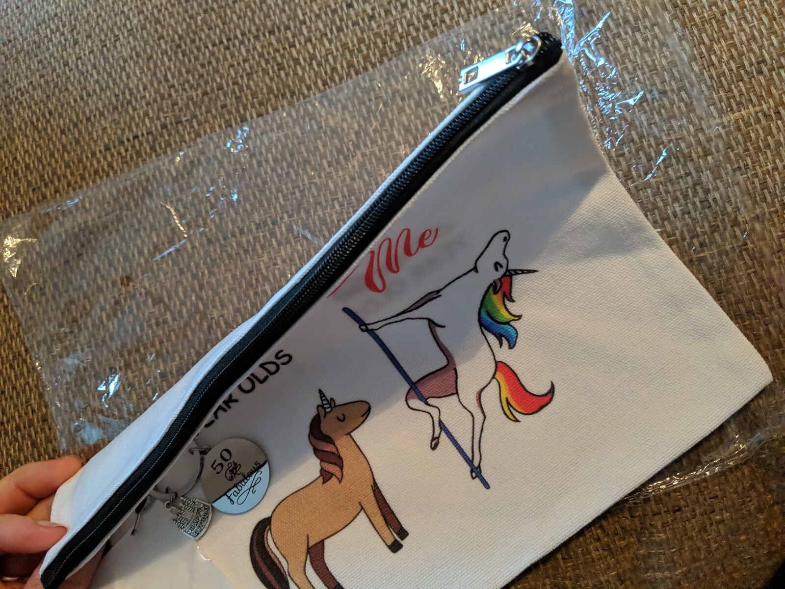 50th Birthday Makeup Bag & Key chain Set UNICORN (Rainbow) Fabulous gift