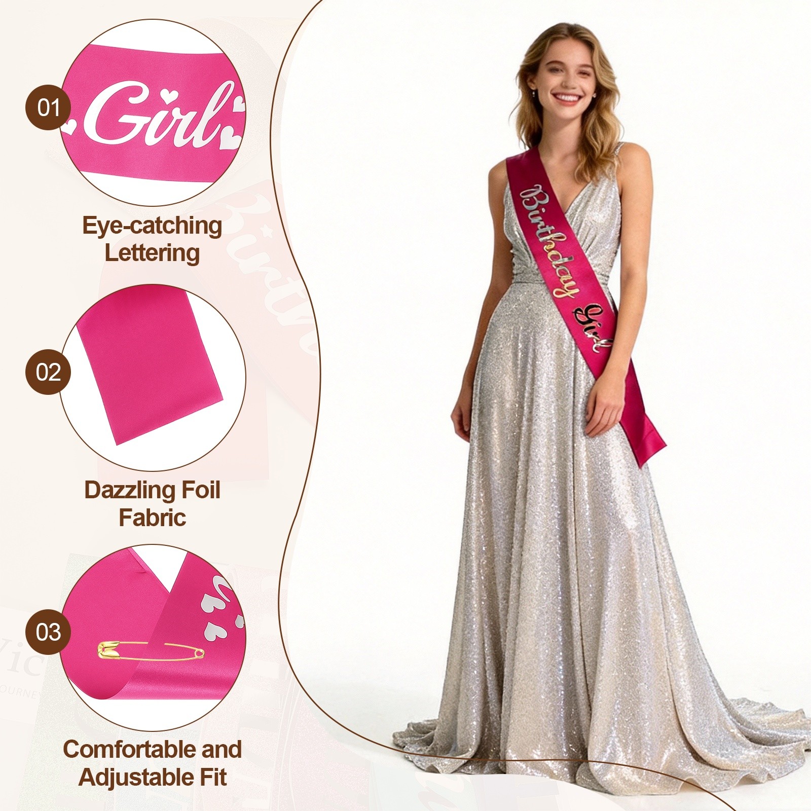 Birthday Girls Sash with Pin Silver Foil Lettering for Birthday, Bright Pink