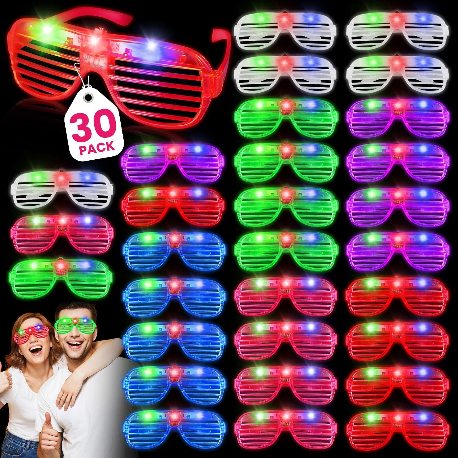 AstrivixDD 30 Pack LED Glasses ,6 Red, Blue, Green, Pink, Purple, White